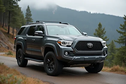 SUV Toyota de type Traverse garé sur un belvédère montagneux avec une route sinueuse et des pins en arrière-plan