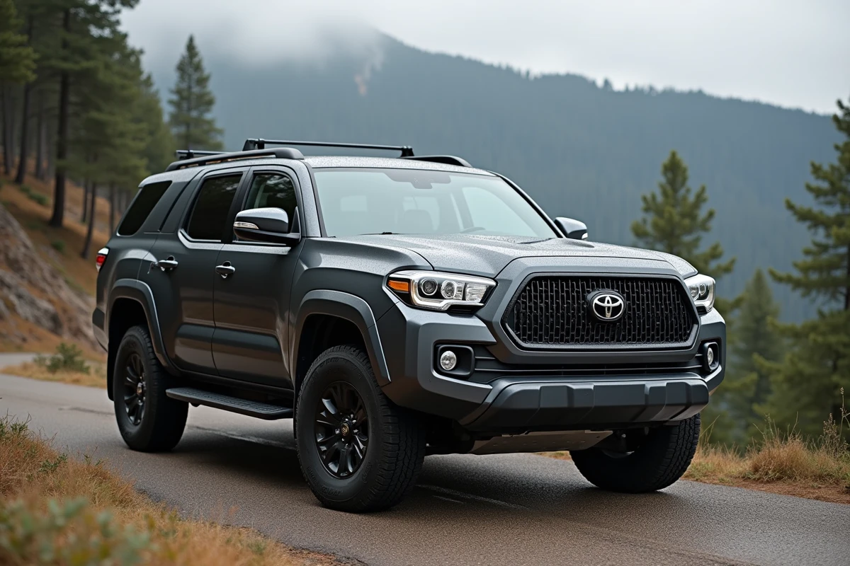 SUV Toyota de type Traverse garé sur un belvédère montagneux avec une route sinueuse et des pins en arrière-plan