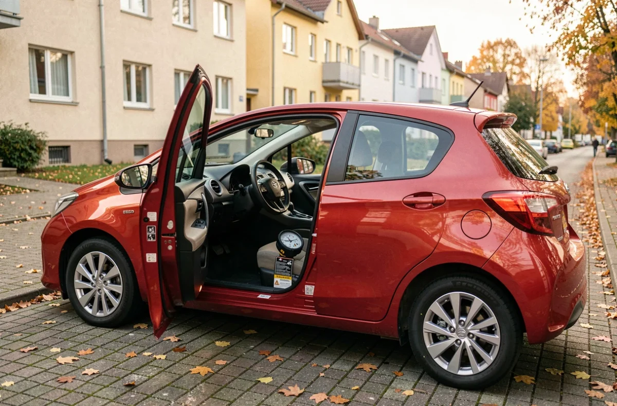 Toyota Yaris Hybride rouge portière ouverte montrant les informations de pression des pneus en milieu urbain
