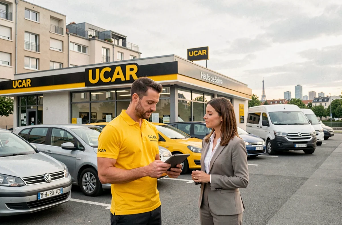 Un agent UCAR en polo jaune présente les véhicules disponibles à une cliente devant l'agence de location dans les Hauts-de-Seine