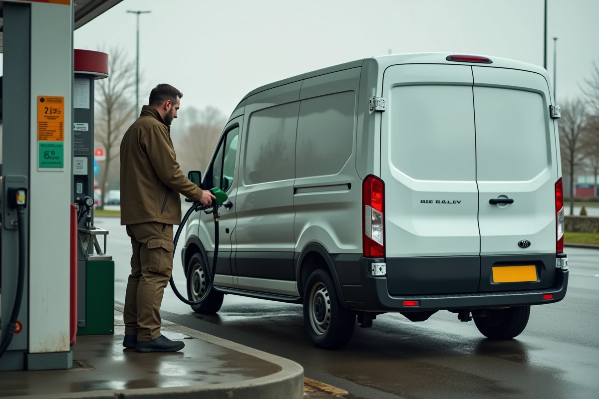 Utilitaire blanc de location en train d'être ravitaillé en carburant à une station-service avec affichage du prix au litre