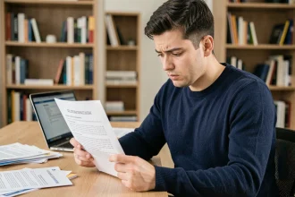 Jeune homme étudiant un document PDF de vérification de permis de conduire à son bureau