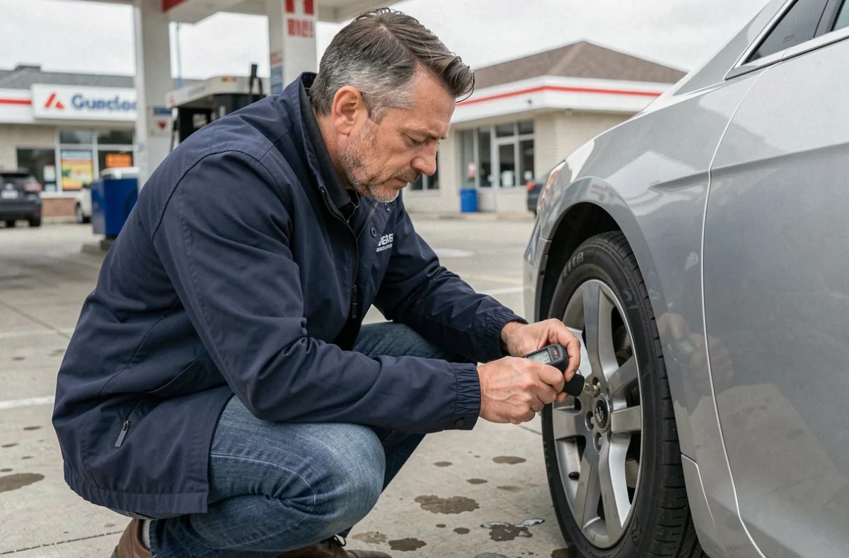 Homme vérifiant la pression des pneus de sa voiture avec un manomètre numérique dans une station-service