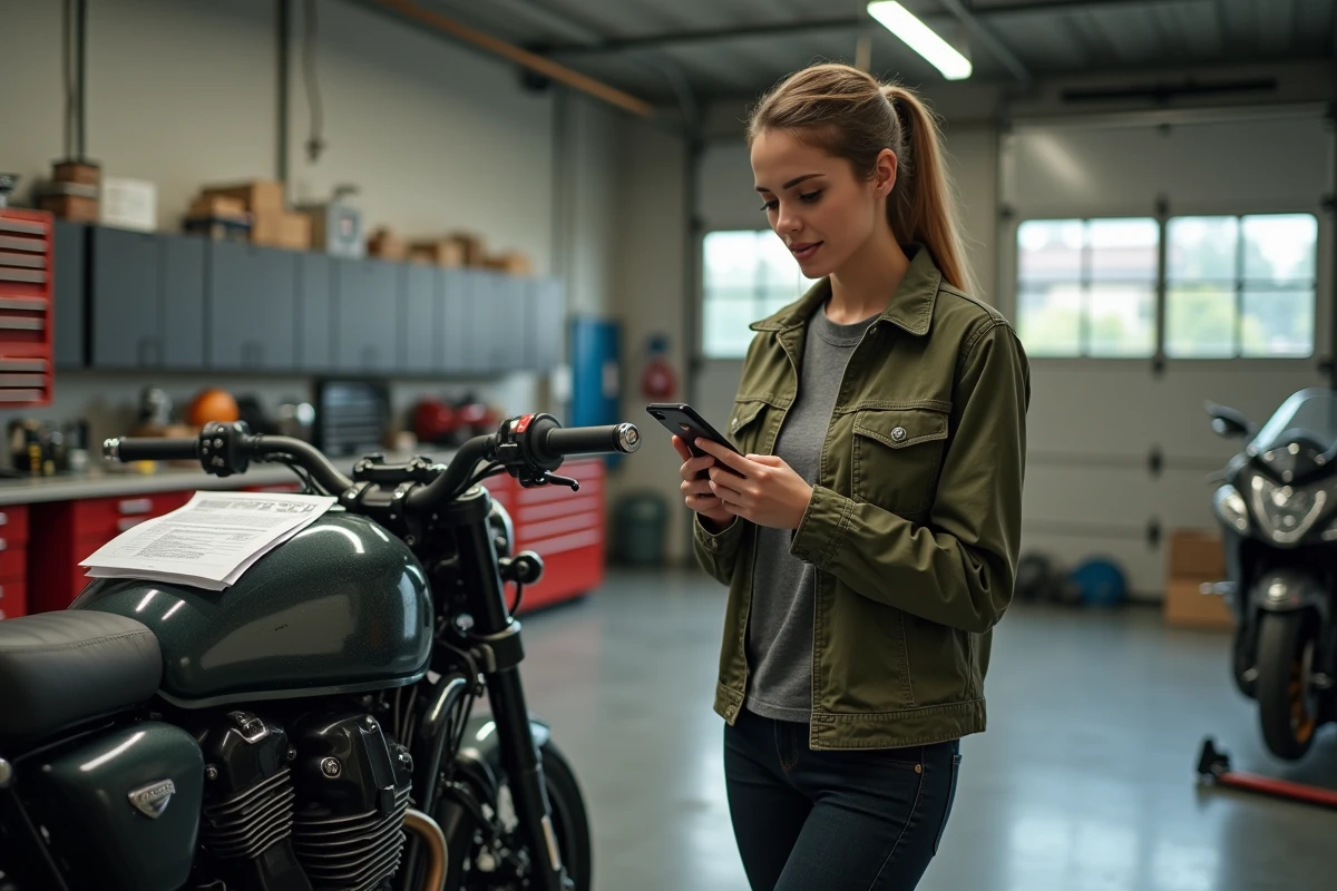 Femme v&eacute;rifiant les ant&eacute;c&eacute;dents d'une moto d'occasion avec son smartphone dans un atelier de m&eacute;canique urbain
