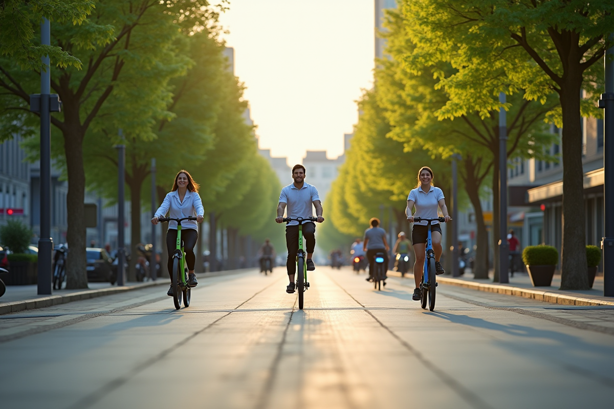 Rue urbaine moderne avec cyclistes et piétons verts