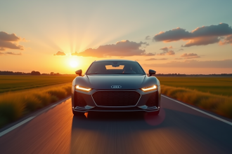 Voiture moderne sur route de campagne au coucher de soleil