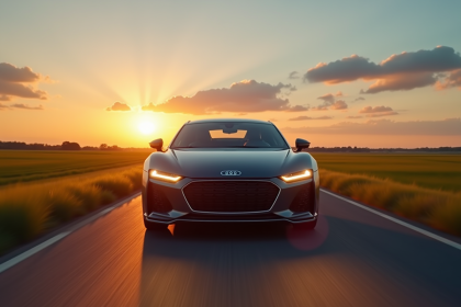 Voiture moderne sur route de campagne au coucher de soleil