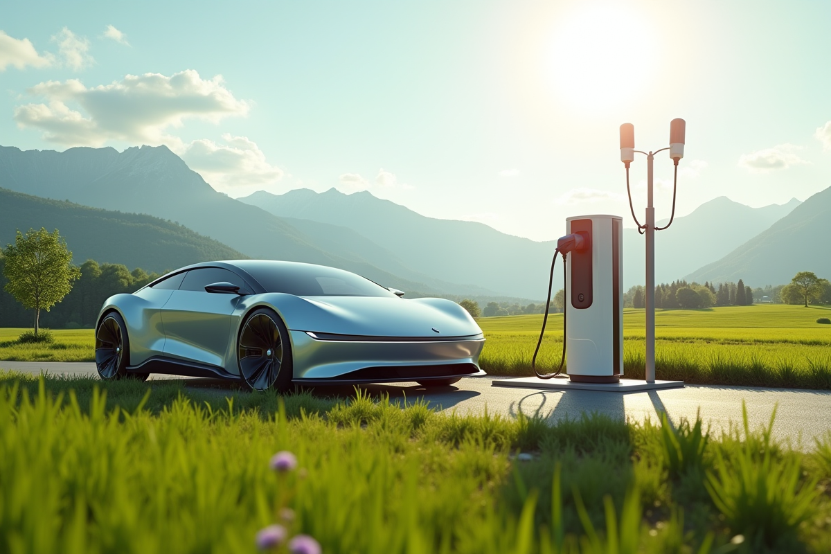 Voiture électrique en charge dans un champ verdoyant