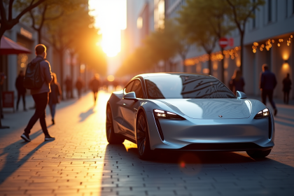 Voiture électrique moderne au lever du soleil en ville