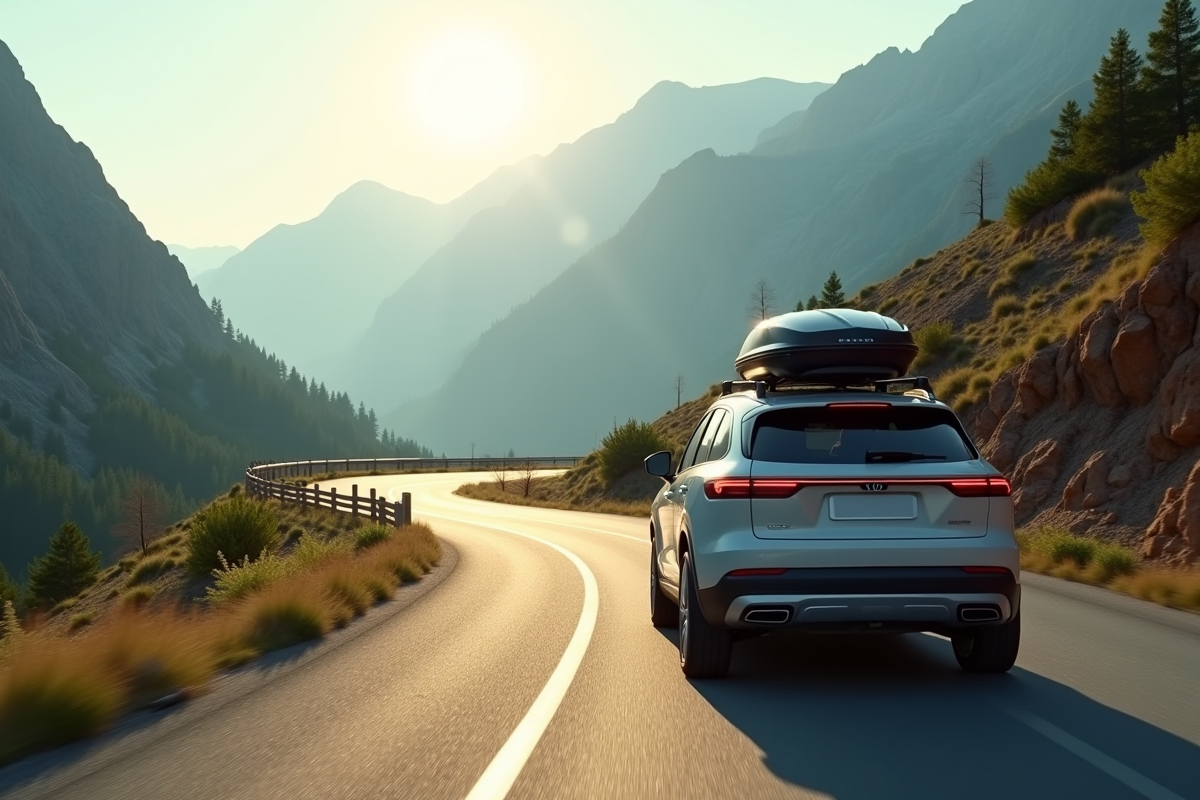 Voiture roulant sur une route de montagne avec roofbox au matin