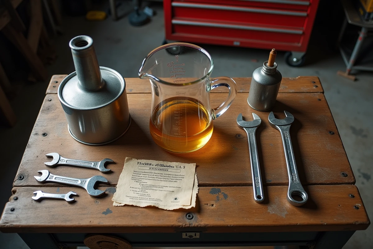 Vue de dessus d'un établi avec mélange huile et essence, outils et notice d'entretien moteur